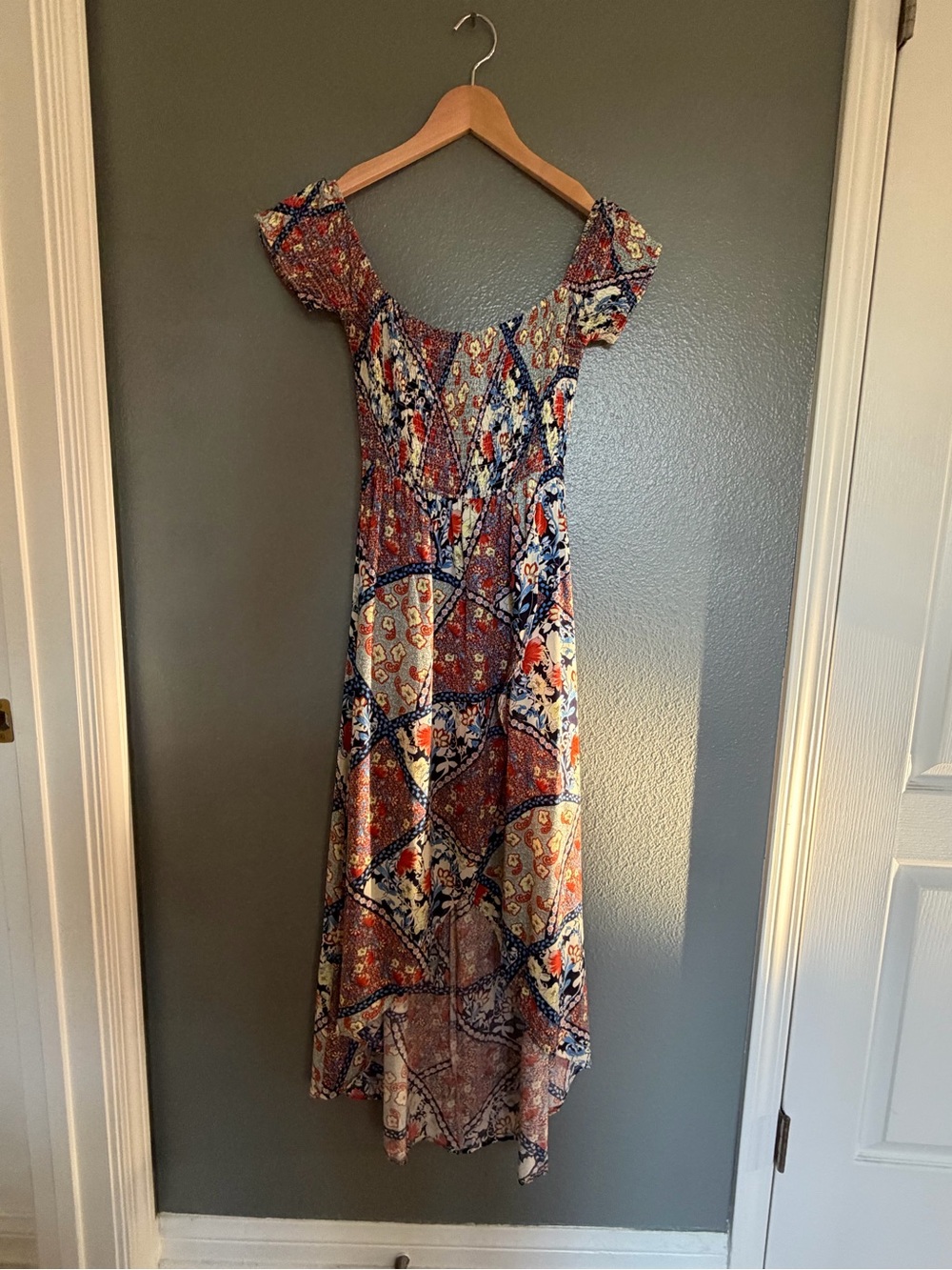 Boho Patchwork Floral Off-Shoulder Maxi Dress with slit in front
Size Small